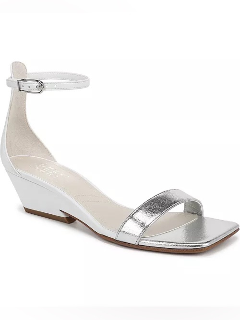 Franco Sarto White and Silver Ankle-Strap Wedge Sandal